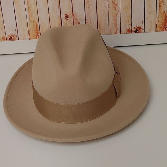 MEN'S MONTIQUE BEIGE LIGHT FELT 2 1/2" WIDE BRIM PINCH FEDORA HAT. H60 - Picture 7 of 8